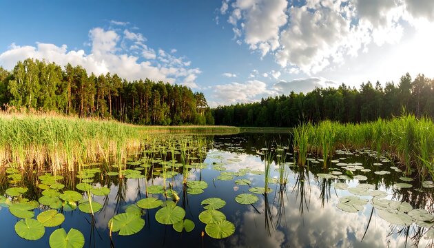 Serene wetlands with lush lily pads and reflective waters in a peaceful forest setting - Powered by Adobe