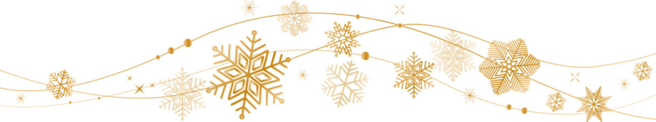 Snowflakes border in wave shape . Golden snowflakes with stars border . Golden snowflakes wave vector . Christmas decoration .