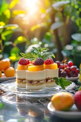 Exquisite desserts are arranged on a transparent glass plate, accompanied by fruits and mint leaves