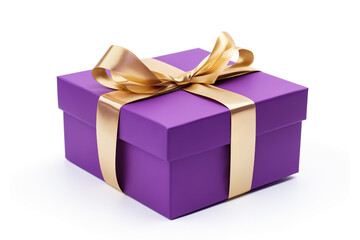 gift box purple with golden bow and ribbon, isolated on white background