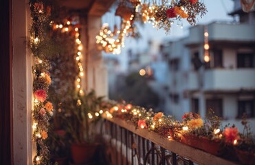 Cozy balcony decorated with string lights and flowers at dusk