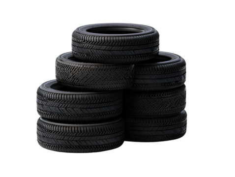 Stack of miniature toy car tires isolated on transparent background