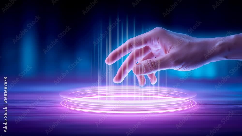 Poster hand reaching toward glowing circular holographic interface with light streams against dark blue and