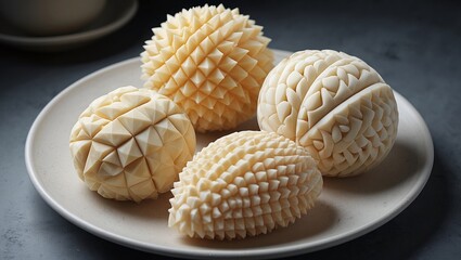Four meticulously carved spheres of butter on a white plate showcasing exquisite artistry and culinary finesse for food presentation