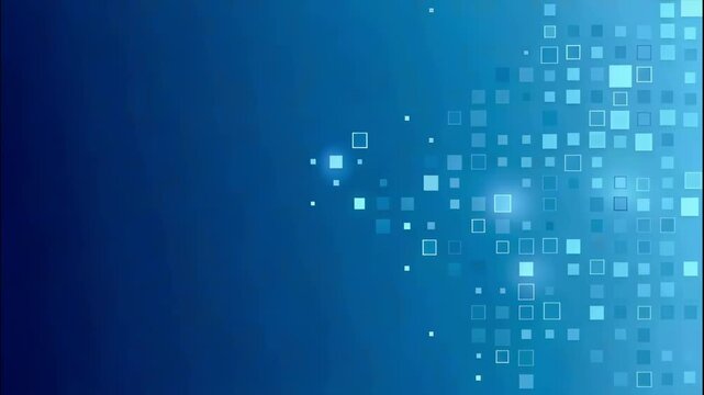 Abstract digital pattern of glowing blue squares and dots on a dark blue background.