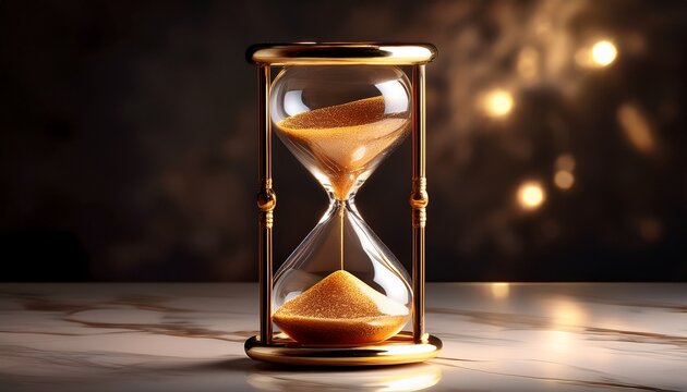 a glowing hourglass with golden sand placed on a neutral marble table digital