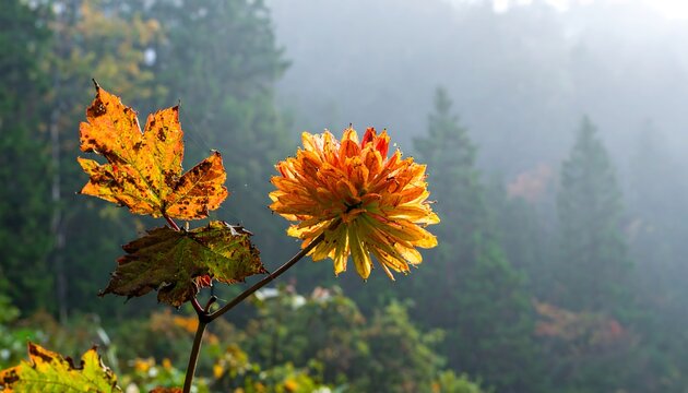 Autumn flower in misty forest