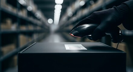 A gloved hand scans a QR code on a package for efficient inventory tracking in a modern warehouse