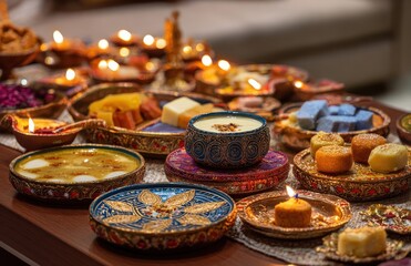 Naklejka premium Diwali festive food and diya lamps illuminating a table