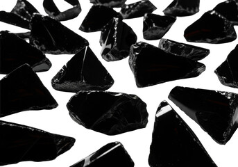 Obsidian-black glass shards, sharp geometric facets, reflective surfaces, arranged on transparent background, stark shadows, high contrast, concept of deconstruction