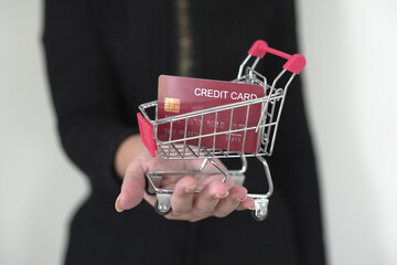 Female hand holding credit card and red shopping cart for secure payment, shopping and paying...
