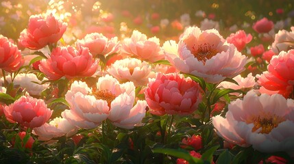 In the peony garden, the peonies are in full bloom
