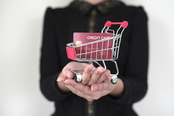 Female hand holding credit card and red shopping cart for secure payment, shopping and paying...