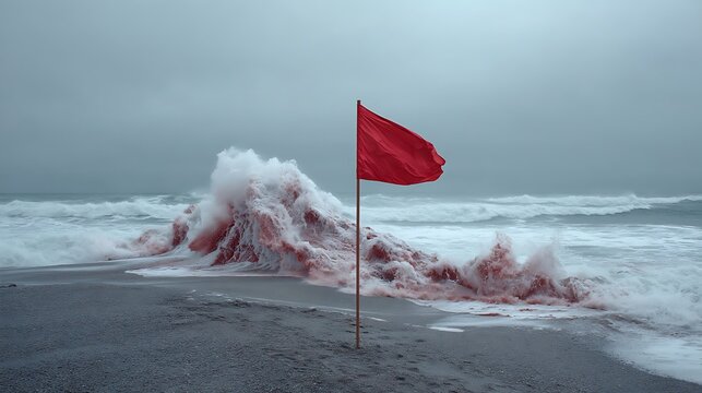 A red flag waving in the strong wind on an ocean beach, with towering waves crashing in the background, depicting naturea??s raw power.