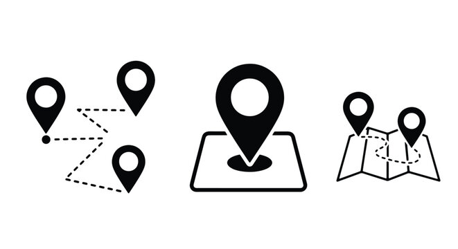 Location map markers and navigation icons showing travel routes destinations and destinations