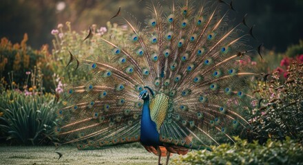 Obraz premium Peacock in vibrant garden display