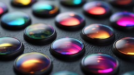 Vibrant, colorful glass spheres reflecting light on a textured dark surface, creating a modern abstract aesthetic.