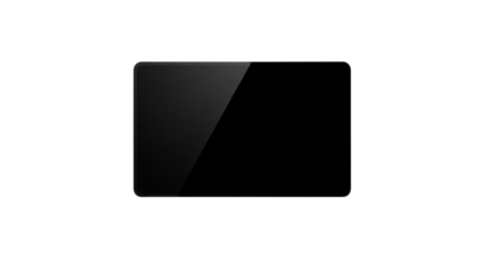 Sleek, levitating matte black 16:9 digital display with a blank screen, casting a cool white halo on a reflective white surface in a minimalist studio, copy space. Concept of future innovation