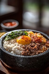 The rice in the stone pot bibimbap is golden and crispy, with sunlight streaming down and chili powder sprinkled on top