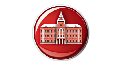 Historic university building emblem with red circular badge isolated on white background