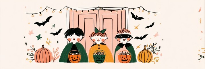Excited children dressed in festive Halloween costumes gather outdoors, joyfully holding candy buckets, surrounded by autumn decorations near a quaint house