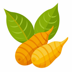 Vibrant turmeric roots and fresh green leaves create an appetizing and healthy culinary visual, perfect for food blogs, healthy recipes, and natural wellness content.