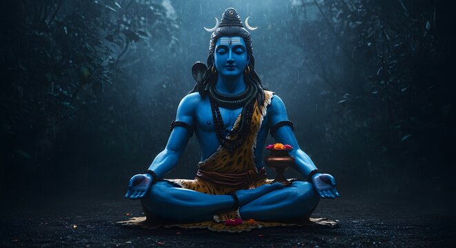 Meditating Blue Deity Sitting Cross Legged in Rainy Forest