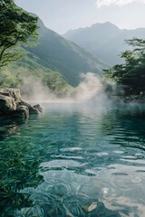 The hot spring pool is steaming, surrounded by green mountains and clear waters
