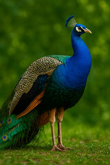 Colorful Peacock Standing on Grass with Green Background