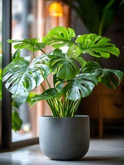 A pot of monstera deliciosa placed indoors, with its broad leaves and a soft background