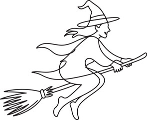 Continuous line art of flying witch on broomstick, abstract minimal spooky vector illustration