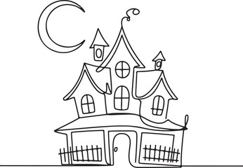 Obraz premium Continuous line art of haunted house with moon, abstract spooky minimal outline vector illustration