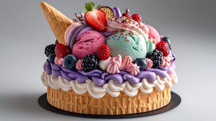 A colorful ice cream cake artfully presented in a waffle cone, decorated with a variety of flavors and surrounded by fresh, juicy berries on a light-colored background.