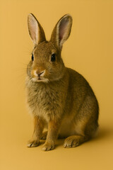 Obraz premium Cute Brown Rabbit Sitting on Yellow Background