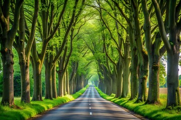 Sunlit tree lined road leading into the distance