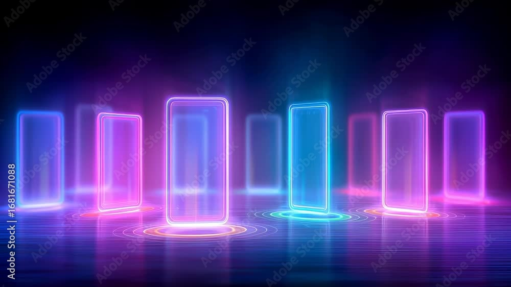 Poster luminescent rectangular interfaces with rounded edges positioned on reflective surface. intense blue