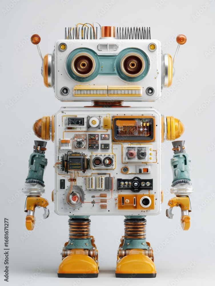 Poster unique vintage robot with detailed mechanical features in a neutral background setting