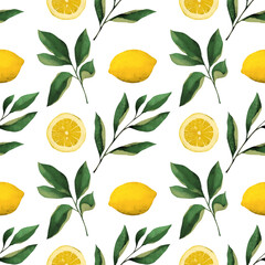 Seamless pattern with lemons and leaves. Great for wallpaper, canvas printing, fabric, wrapping paper, packaging, branding.