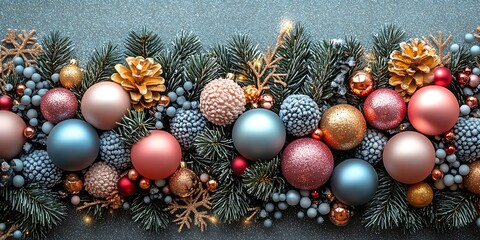 Festive Christmas garland with pine branches ornaments and pinecones decoration holiday