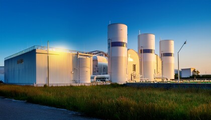 Obraz premium a modern white high tech hydrogen production plant with illumination at dawn
