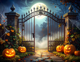 Haunted Halloween Garden with Jack-o'-Lanterns and Iron Gate