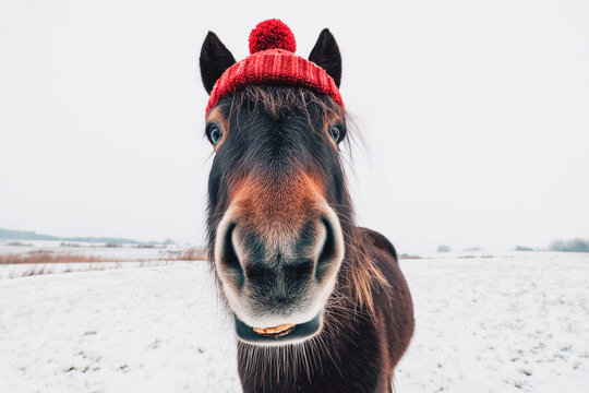 A close-up of a curious pony in a snowy field wearing a red knit hat with a pompom, cheerful winter scene.