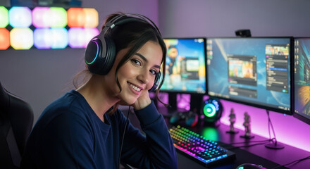 Smiling woman gamer wearing headphones and using triple monitor setup for immersive gaming experience, creating engaging gamer content, streaming online. This gamer smiles cheerfully while playing.
