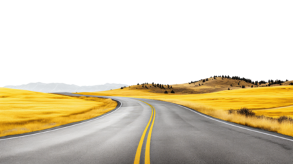 Curved asphalt highway with yellow fields and distant mountains isolated on white background