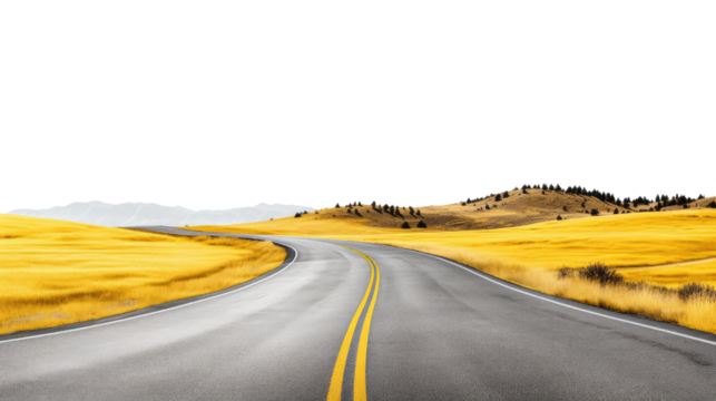 Curved asphalt highway with yellow fields and distant mountains isolated on white background