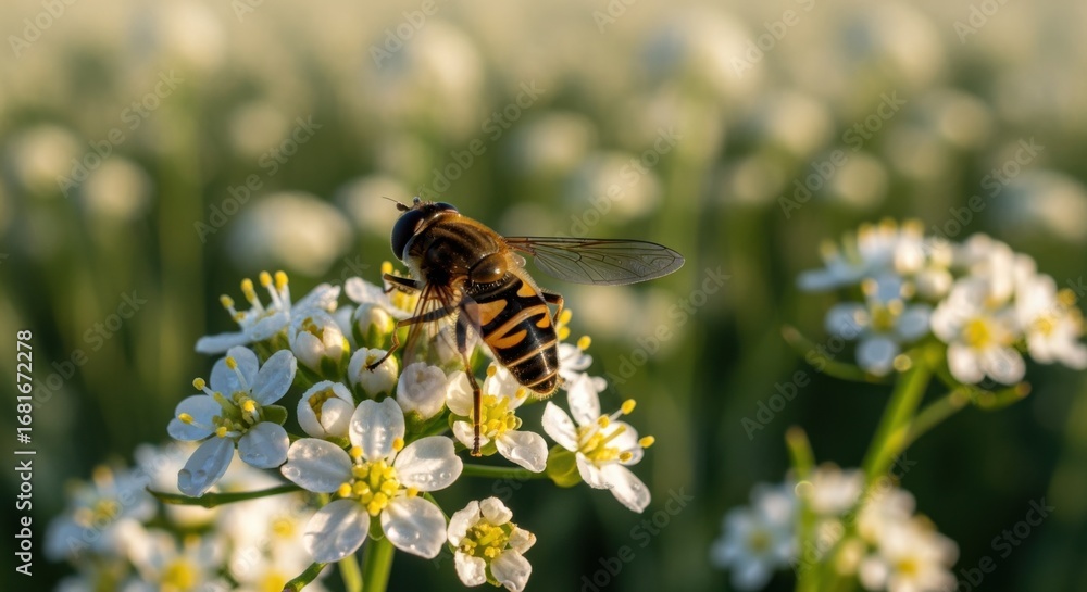 Poster medium shot of a hoverfly resting on a cluster of small blossoms emphasizing its contribution to cro