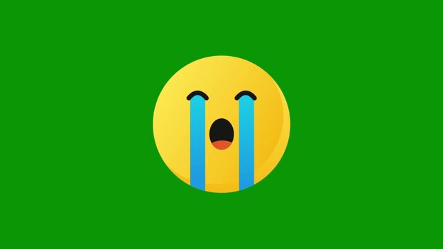 Expressive crying emoji face with blue tears on green background, conveying deep sadness and emotion