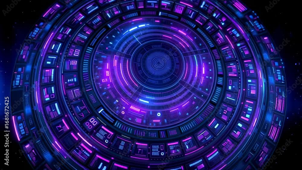 Poster immersive circular digital interface showcasing complex technological elements with luminescent blue