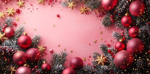 Festive red Christmas ornaments and pine branches on pink background with gold stars