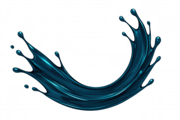 Metallic blue liquid creating dramatic arc-shaped splash, curving gracefully against transparent backdrop with dynamic visual energy and fluid movement